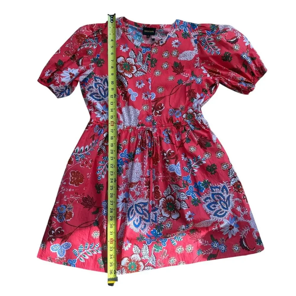 Sugarlips NWT Coral Floral Puff Sleeve Cotton Mini Dress Drawstring Waist Sz XL